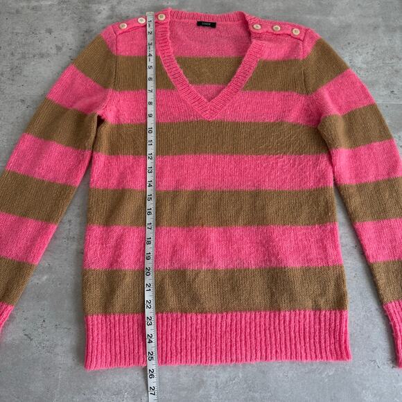 J.crew striped pink and tan mohair wool vneck sweater button detail - Picture 6 of 7